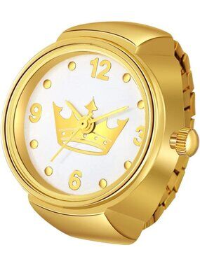 Unisex Gold Analog Quartz Plated Elastic Crown Simple Round Finger Ring Watch